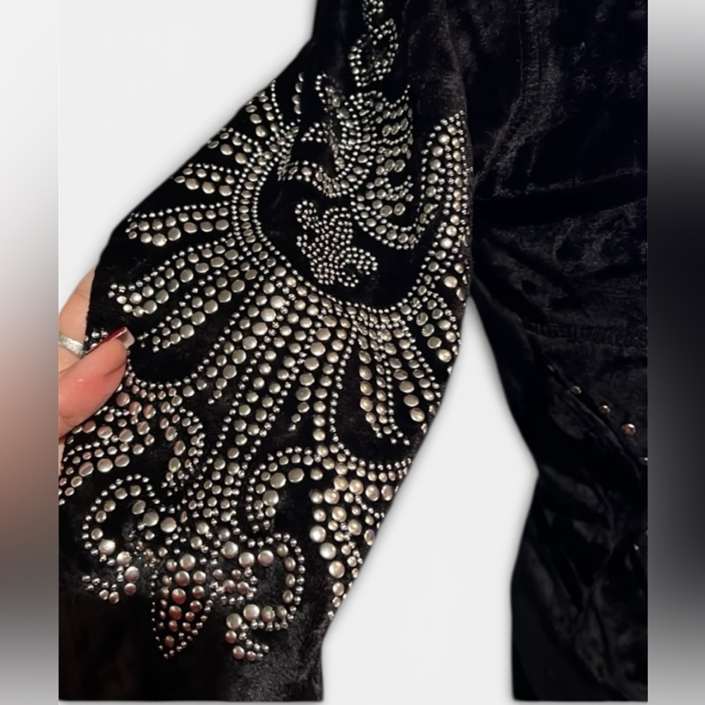 BCBGMaxAzria  Y2K 90s black rhinestone silver embellished Velour Track Suit M - Picture 3 of 16